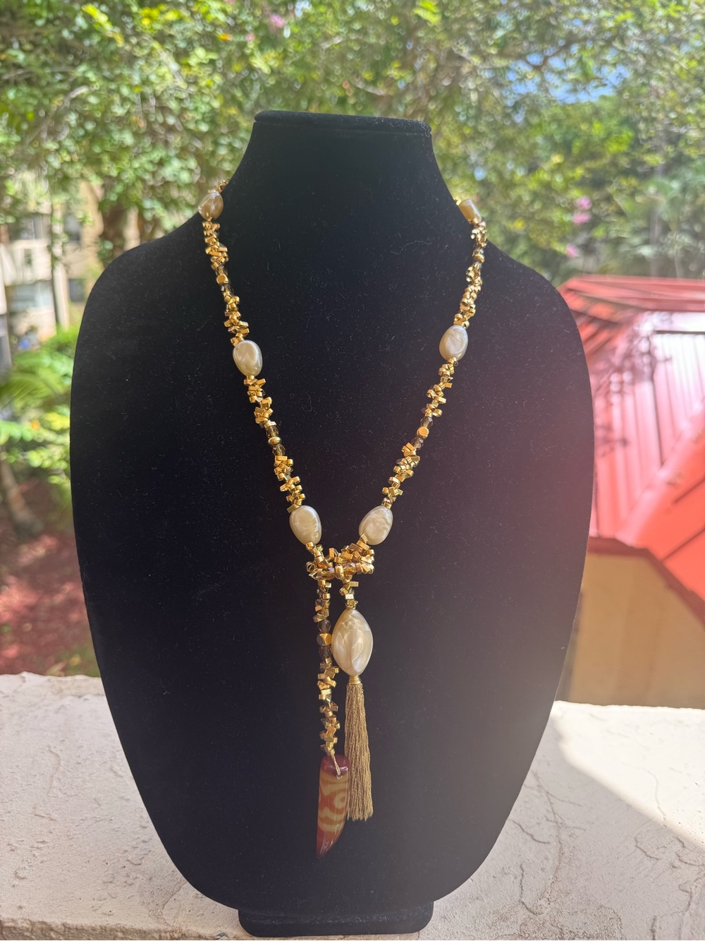 Gold and Cream Beaded Tassel Lariat Necklace - Women Jewelry